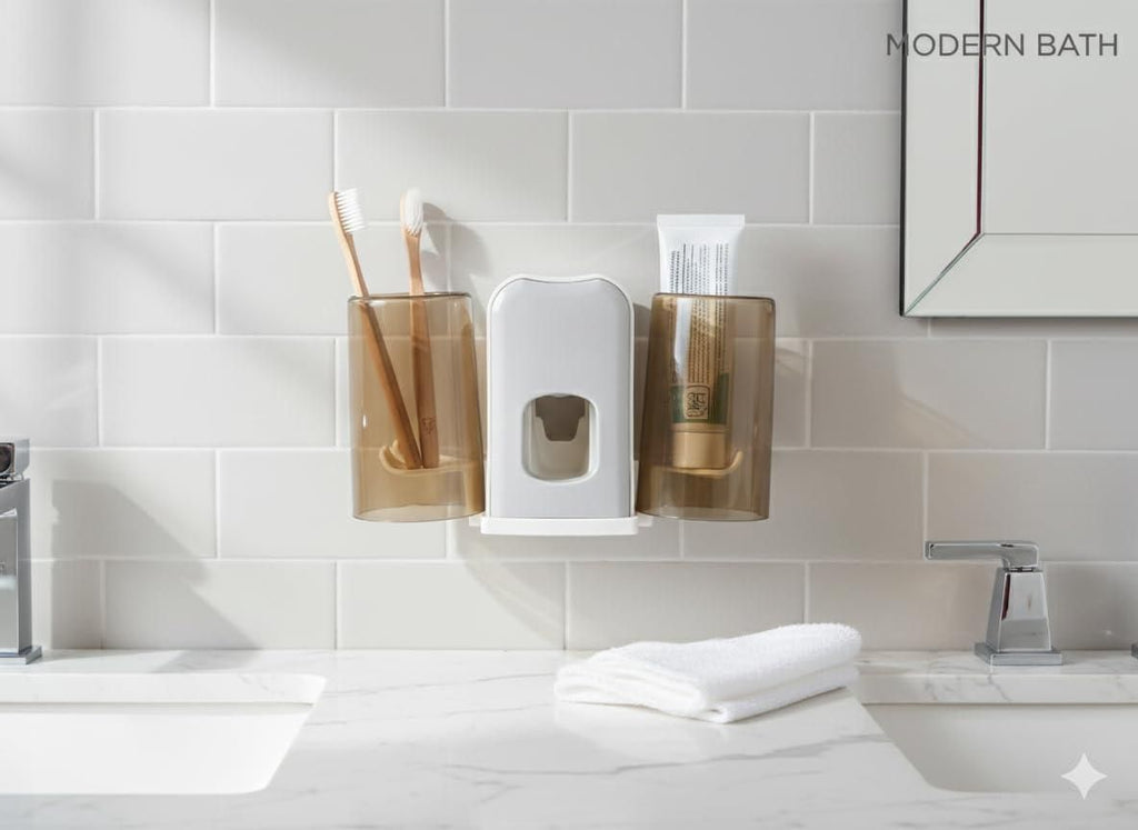 Tooth Brush Holders Set with Toothpaste Dispenser Wall Mounted